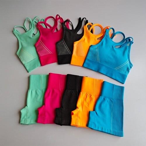 Seamless Yoga Set 2 Pcs Sports Suit Women Workout Clothes Sports Bra+High Waist Gym Running Sportwear Shorts Female