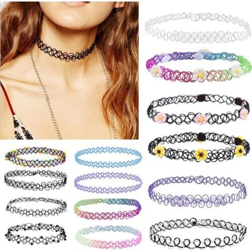 12Pcs Colors Tattoo Stretch Choker Black Vintage Gothic Punk Elastic Necklace Retro Pendants Women Jewelry Party Wear for Girls