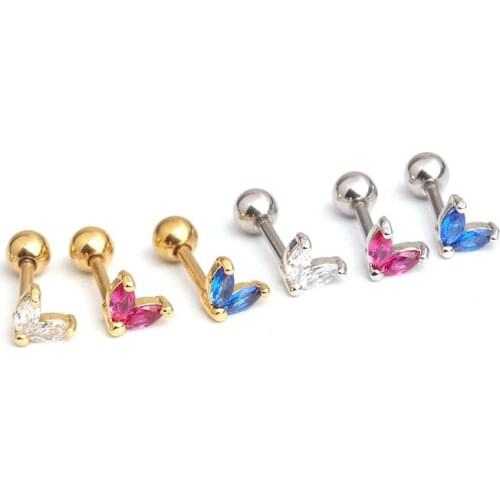 Silver Gold Stainless Steel Blue Fuchsia White Heart cz Bar EAR Helix Piercing Tragus Stud Conch Earring Piercing Jewelry