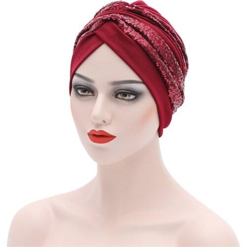 Breathable Glitter Sequins Turban Caps For Women Muslim Head Wraps Cap India Hat Islamic Bonnet Hijab Ready to Wear Turbante Hat