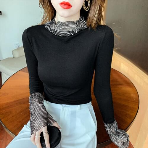 Bright CZ Stitching Half High Neck Bottoming Shirt Women AutumnWinter New Hollow Stitching Inner Tight Top Long Sleeve T-shirt