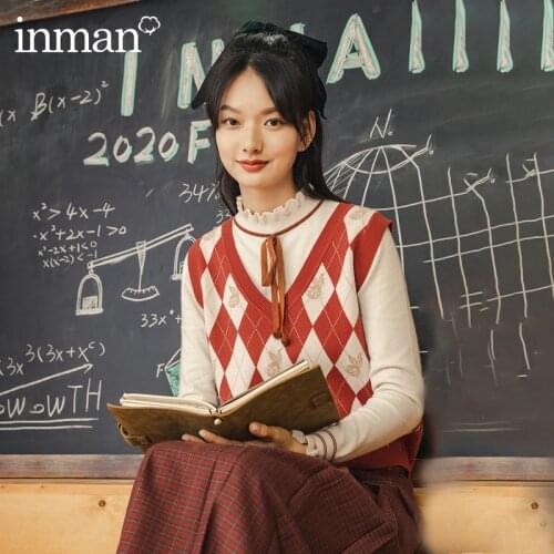 INMAN Autumn Winter Sweater Vest Cute V-neck Rhomboid Jacquard Outer Sleeveless Vest