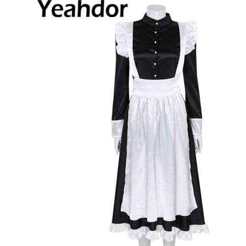 Role Play 3Pcs Women Adult Maid Cosplay Costume Outfit Long Sleeves Front Button Down Long Maxi Fancy Dress with Apron Headpiece