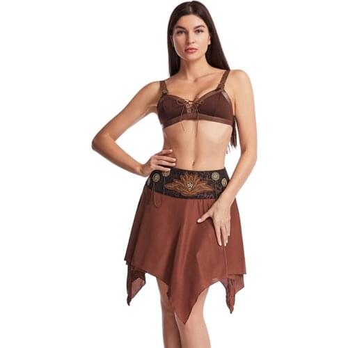 Brown Summer Women Bra & Skirt Suit For Sexy Ladies Leather Rivet Bra and Asymmetrical Skirt Gothic Punk Style Party Wear Set