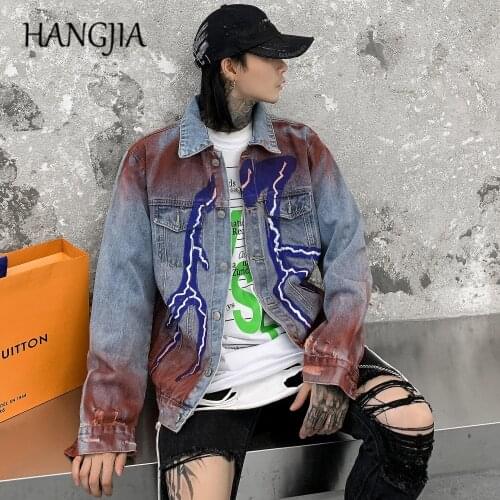 Lightning Dyeing Mens Jeans Jacket Streetwear Distressed Denim Jacket Man Harajuku Color Tie Dye Denim Jackets Coats 2020
