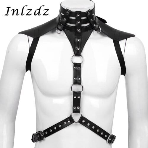 Harness Mens Lingerie Leather Belt Buckles Halter Neck Body Chest Harness Belt with Metal O-rings for Clubwear Cosplay