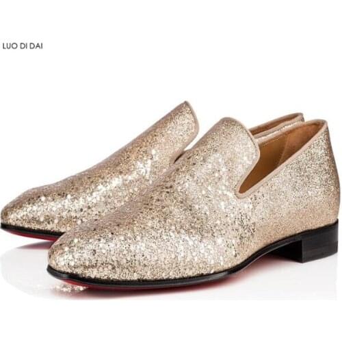 2019 New fashion men dress shoes men party shoes male business flats gold sequin loafers slip on Smoking shoes wedding flats