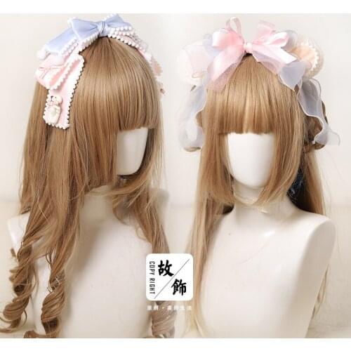 Pink Blue Mixed Headwear Lolita Girl Kawaii Hair Clip Lace Bowknot Side Clip KC Bear Ears Hair Hoop Soft Sister Headband Elegant