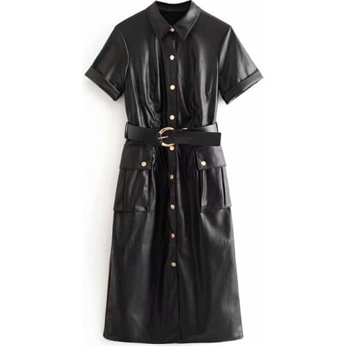 Summer new womens dresses solid color lapel single-breasted faux leather short sleeve dress elegant belt dress