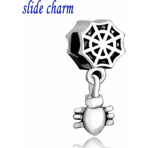 Slide charm Free shipping Spider web hanging spider charm fit Pandora charm bracelet hand jewelry accessories Christmas gift 11