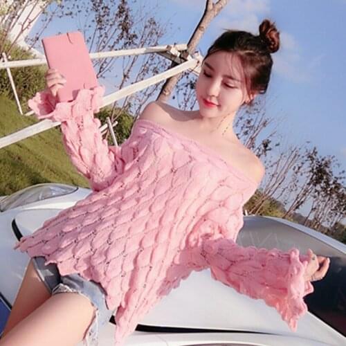 Hollow One Shoulder Pullover Sweater Female 2021 Spring Autumn New Style Korean Fashion Loose Vintage Solid Color Knitting Women