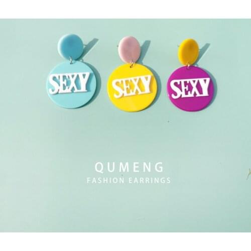 QUMENG New Unique Sexy Geometric Candy colors Stud Earrings Acrylic Cute Earring For Women Punk Night Club sweet Girls Jewelry