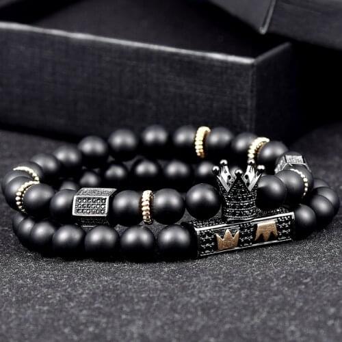 Luxury Royal Crown Charm Bracelet 2pcs 1set 8mm Black Round Natural Black Beads Women Bead Bracelets Gold Beads Bracelet