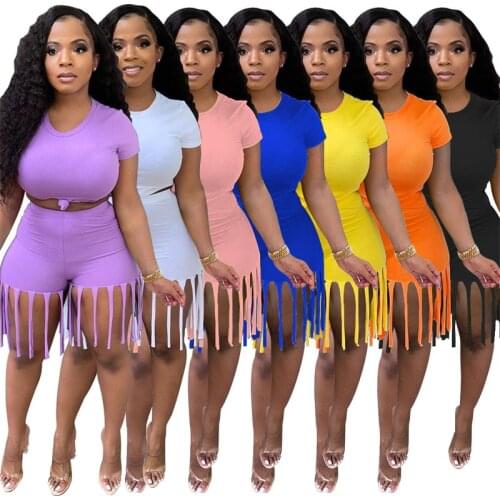 S-5XL Women Solid Two Piece Set Short Sleeve T-shirt Crop Top Tassel Shorts Casual Active Fitness Suit Female Plus Size Outfits
