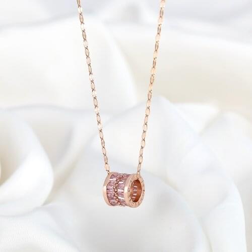 Sweet Romantic Rose Gold Color Stainless Steel Pink Crystal Cylinder Necklace For Women Wedding Anniversary Jewelry Party Gift