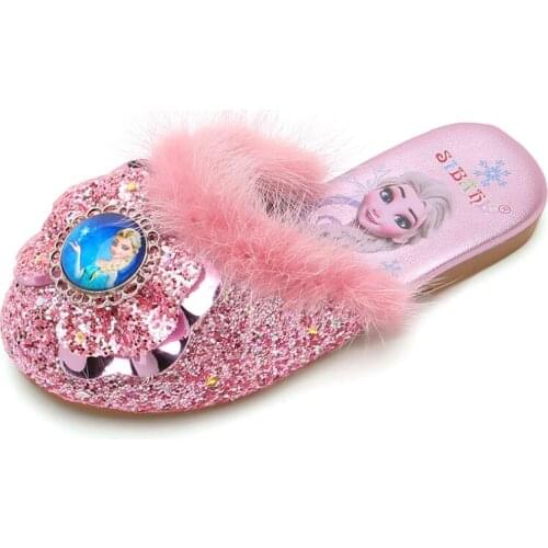 Disney Frozen Elsa Shoes For Girls Children Lovely Cartoon Princess Flat Sandals Shoes Inside and outside slippers With Fur