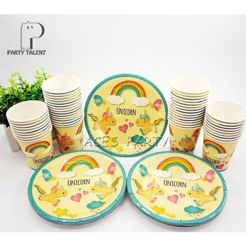 Party supplies 96pcs Unicorn Pony theme party kids birthday party tableware set, 48pcs plates dishes and 48pcs cups glasses