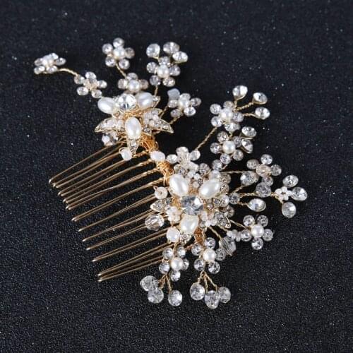 Vintage Gold Wired Twig Crystal Pearl Floral Side Combs Bridal Headpiece Wedding Accessories ML