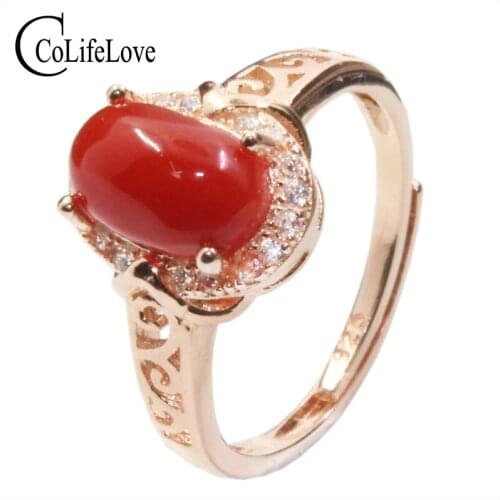 CoLife Jewelry Vintage 925 Silver Red Coral Ring for Woman 6mm*8mm Natural Precious Coral Ring Sterling Silver Coral Jewelry