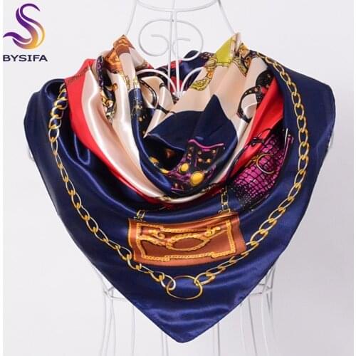 [BYSIFA] Summer Ladies Satin Shawl Scarves Brand Bag Pattern Silk Scarf Turkey Women Head Scarf 90*90cm Fashion Accessories Cape