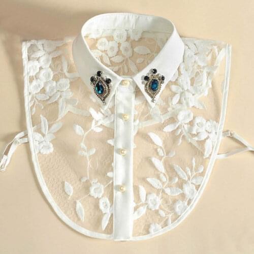 Women Faux Crystal Lapel Detachable Half-Shirt Imitation Pearls Lace Fake Collar 649C