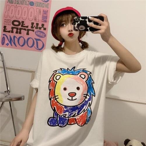 Plus Size fashion Female Tees cotton short Sleeve Tops Pullover Casual loose Cartoon animation pattern printing T-shirts