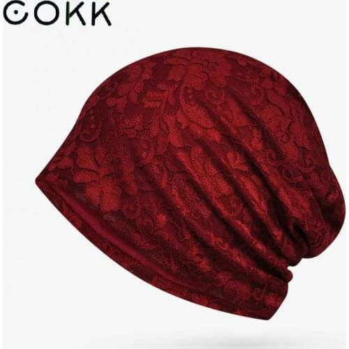 COKK Beanie Hats For Women Hollow Lace Flower Pattern Autumn Summer Beanie Thin Hat Baggy Cap Bonnet Gorro Breathable Headgear