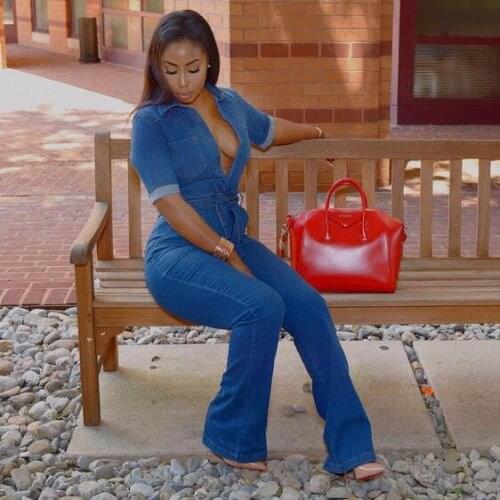 2019 New Fashion Casual Women Denim Jumpsuit Full Sleeve Turn-down Collar Sashes Women Jumpsuit DW350