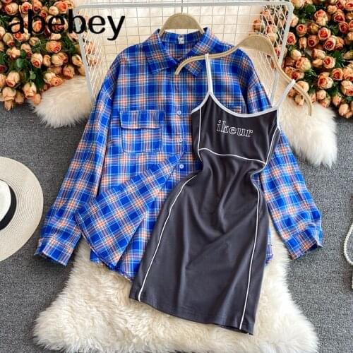 2021 New Summer Fashion turn down collar long sleeve single breasted Shirt + high waist letter print strap Dress 2-piece set
