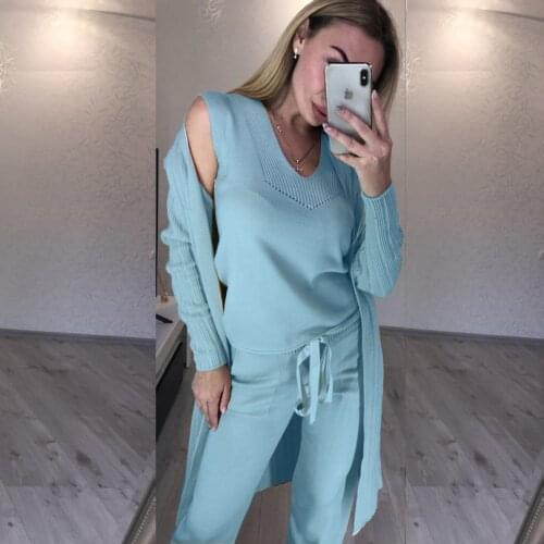 TYHRU Autumn Womens Knit Costume Solid Color Sweater Cardigan and Vest and Drawstring Ankle-length Pants Three Piece Set