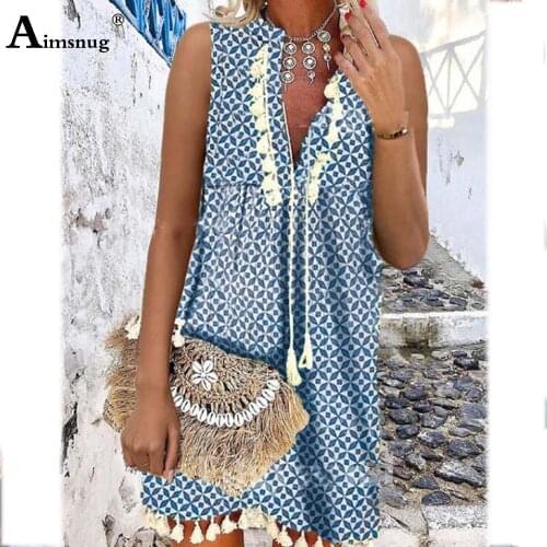 2021 Summer Women Deep V-neck Short Mini Dress Sleeveless Patchwork Tassel Beach Dresses Plus size Femme Bohemian 3D Print Dress