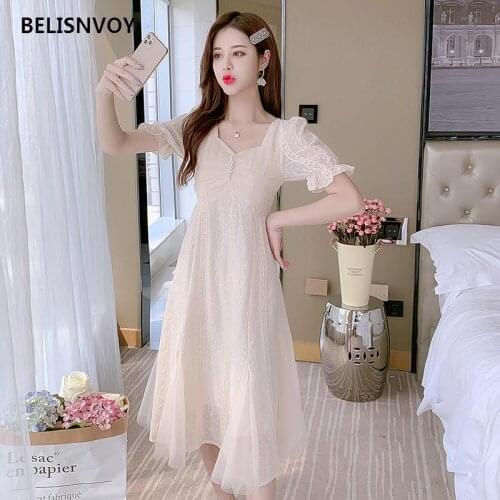 Korean Summer Fairy Women Dresses Elegant Feminine Apricot A-Line Party Midi Dress Chic Holiday Party Vintage Evening Vestidos