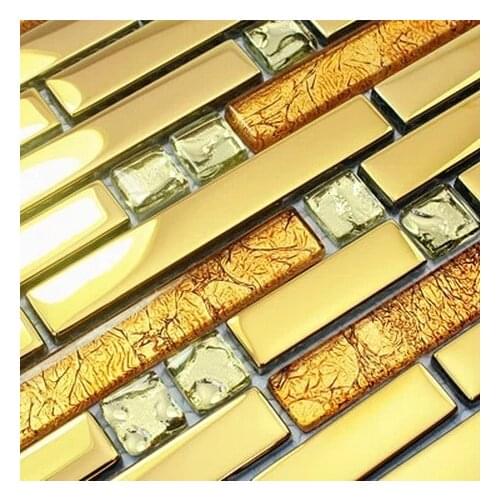 Golden color diamond mixed crystal glass mixed stainless steel mosaic tiles kitchen backsplash living room wall bathroom shower
