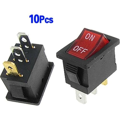 10 Pcs Red Lamp Neon Light SPST ON-OFF Rocker Switches AC 6A/250V 10A/125V