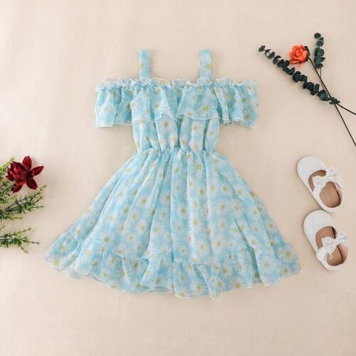 2021 Summer Kids Baby Girls Fashion Off Shoulder Floral Print Dress Stylish Dress for Children Girls 18M-6T