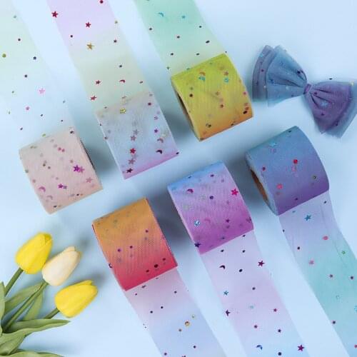 25Yards 8CM 6CM Rainbow Gradient Tulle Roll Organza Star Moon Piece Bow Gauze Ribbon HX016 Headdress Accessories Handmade Diy