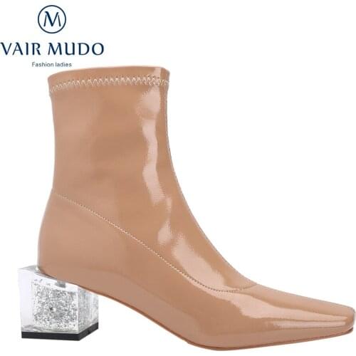 VAIR MUDO Ankle Boots Elegant Fashion High Heels Black Brown Patent Leather Concise Solid Square Toe Footwear Shoes WM-X206-C