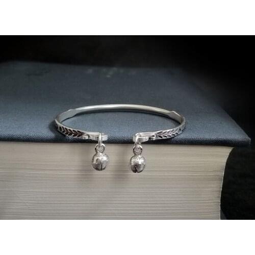 S999 handmade sterling silver bracelet with small bell opening solid fine bracelet girls gift