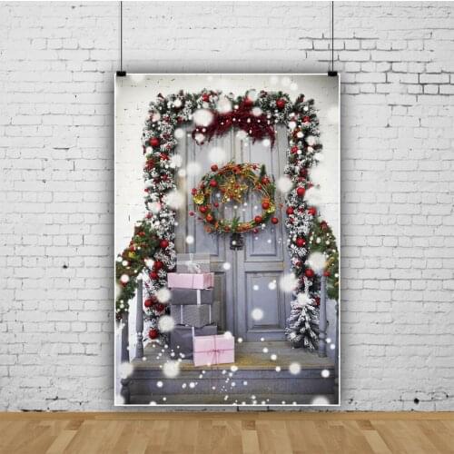 Gray Brick Wall Rural House Merry Christmas Festivals Wood Door Snowflake Porch Gift Party Yard Photo Backdrop Photo Backgrounds