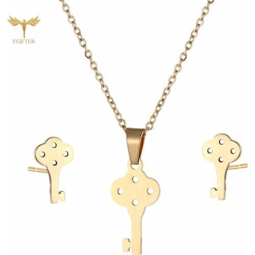 Romantic Couple Key Necklace Earrings Lovers Gift Womens Mens Anniversary Gift Stainless Steel Jewelry Set