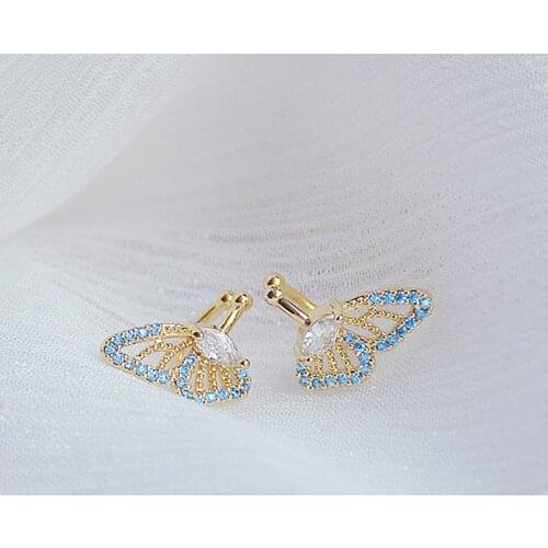 Korean Trendy Blue Micro Inlaid Zirconia Butterfly Women Earring for Women AAA Zircon Ear Bone Clip Stud Earrings Pendnat Gift
