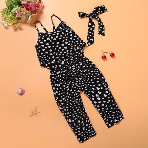 Summer Baby Girls Rompers Stylish Toddler Kids Spaghetti Strap Heart Pattern Prints Infant Jumpsuit Trousers with Belt Clothing