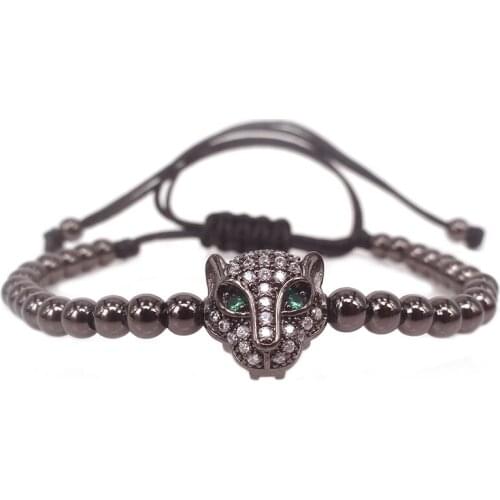 Fashion Brand Men Bracelets,Green Eye Leopard Head Beads & 4mm Round Beads Braided Macrame Bracelets For Men Jewelry