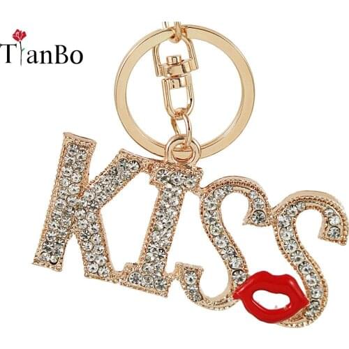 Fashionable KISS Letters Pendant Keychain Red lips key ring color rhinestone metal Rex rabbit hair key chain crystal bag pendant