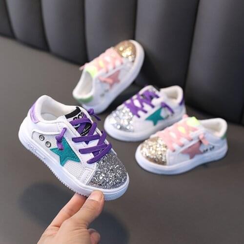New Fashion Lace Up Lovely Girls Toddlers Sports Beautiful Shinning Kids Sneakers Infant Tennis Lace Up Children Casual Shoes