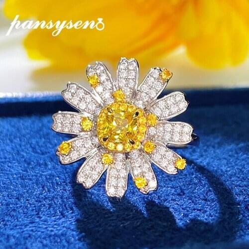 PANSYSEN Bohemia 925 Sterling Silver Created Moissanite Citrine Gemstones Flower Rings for Women Fine Jewelry Wholesale Bijoux