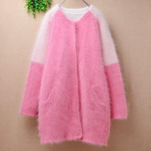 Heavy thick female women winter mink cashmere knitted colored pink long sleeves loose cardigans angora fur winter jacket coat