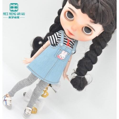 Fits Blyth Azone OB23 OB24 doll clothes accessories Fashion striped T-shirt, cartoon suspender skirt