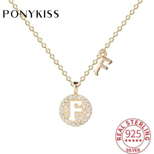 PONYKISS Trendy 100% 925 Solid Sterling Silver Letter Zircon Pendant Necklace Chain Cute Gift Girl Lady Fine Jewelry Party