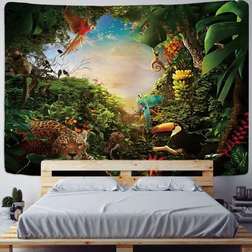 Psychedelic Forest Tapestry Wall Hanging Tropical Leaves Animal Pattern Beach Wall Tapestry Scenery Backdrop Wall Cloth Carpet